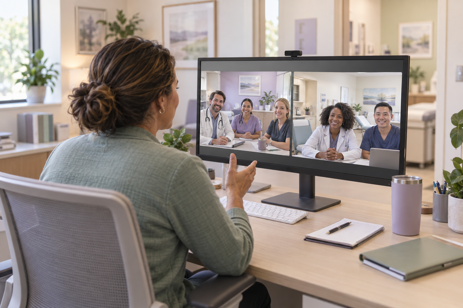 Practice manager coordinating with teams at other clinic locations
